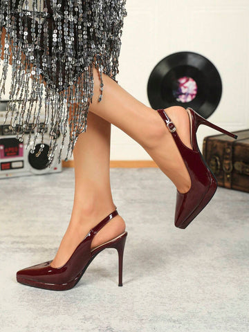 Women's High-heeled Waterproof Platform Pumps, Hollow Out, Versatile Fashion Shoes, Wine Red, Sexy Fine With Heels, Autumn