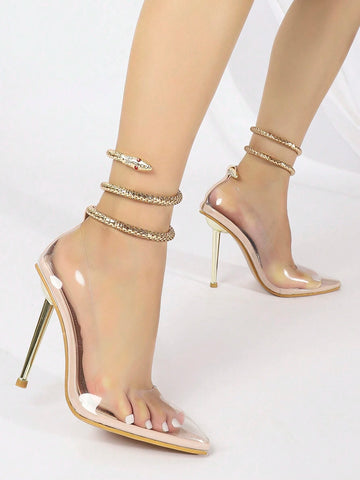 Women's High Heel Shoe With Snake Buckle Decoration, Pointed Toe, Clear Pvc, Sexy Thin Super High Heel Fashion Shoe