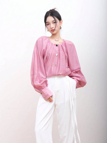 Women's Lantern Sleeve Silk-Like Shirt, Design With Niche French Sweetness, Unique High-End Feeling Formal Shirt