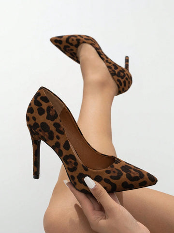 Women's Leopard Flocking Pu Mirror Surface 10cm High Heels Stylish Party, Sexy & Dance Thin Heeled Shallow-mouthed Shoes