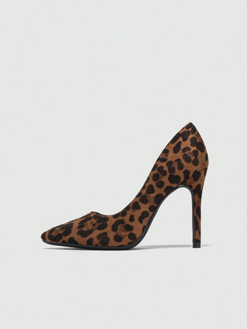 Women's Leopard Flocking Pu Mirror Surface 10cm High Heels Stylish Party, Sexy & Dance Thin Heeled Shallow-mouthed Shoes