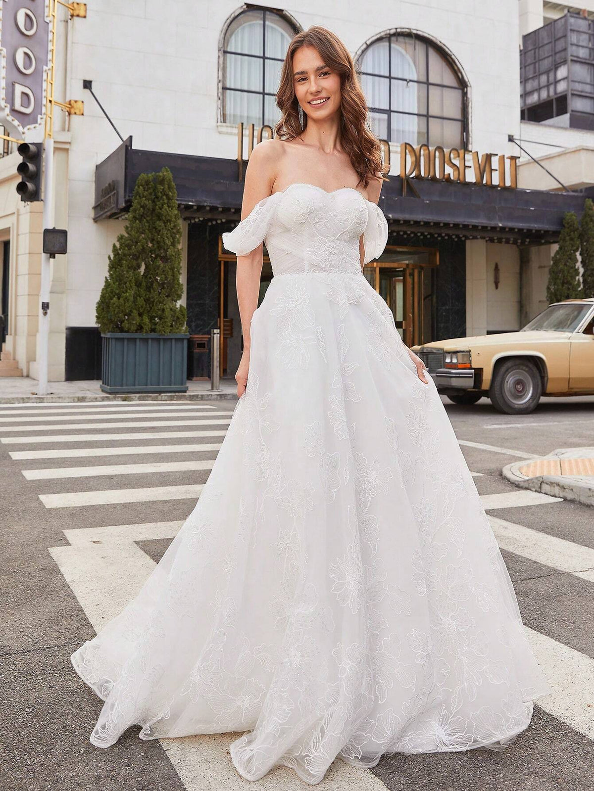 Women's Off Shoulder Embroidered Mesh Wedding Dress With Train