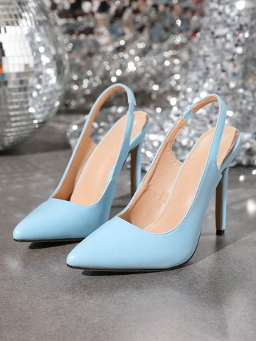 Women's Plain Leisure Shoes, Fashion Pointed Toe Stiletto Heels With Back Strap Detail