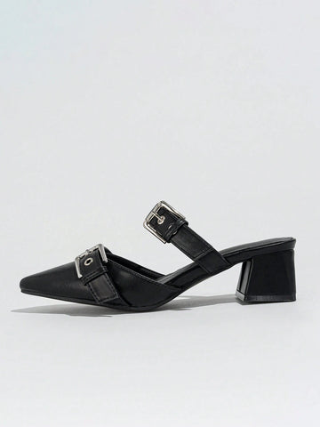Women's Pointed Toe Black Flats With Thick / Medium Heels And Buckled Straps