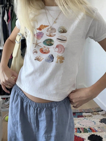 Women's Seashell & Conch Printed Cropped T-Shirt