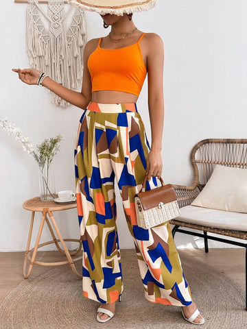 Women's Solid Color Cropped Strappy Camisole Top And Geometric Pattern Long Pants Two Piece Set