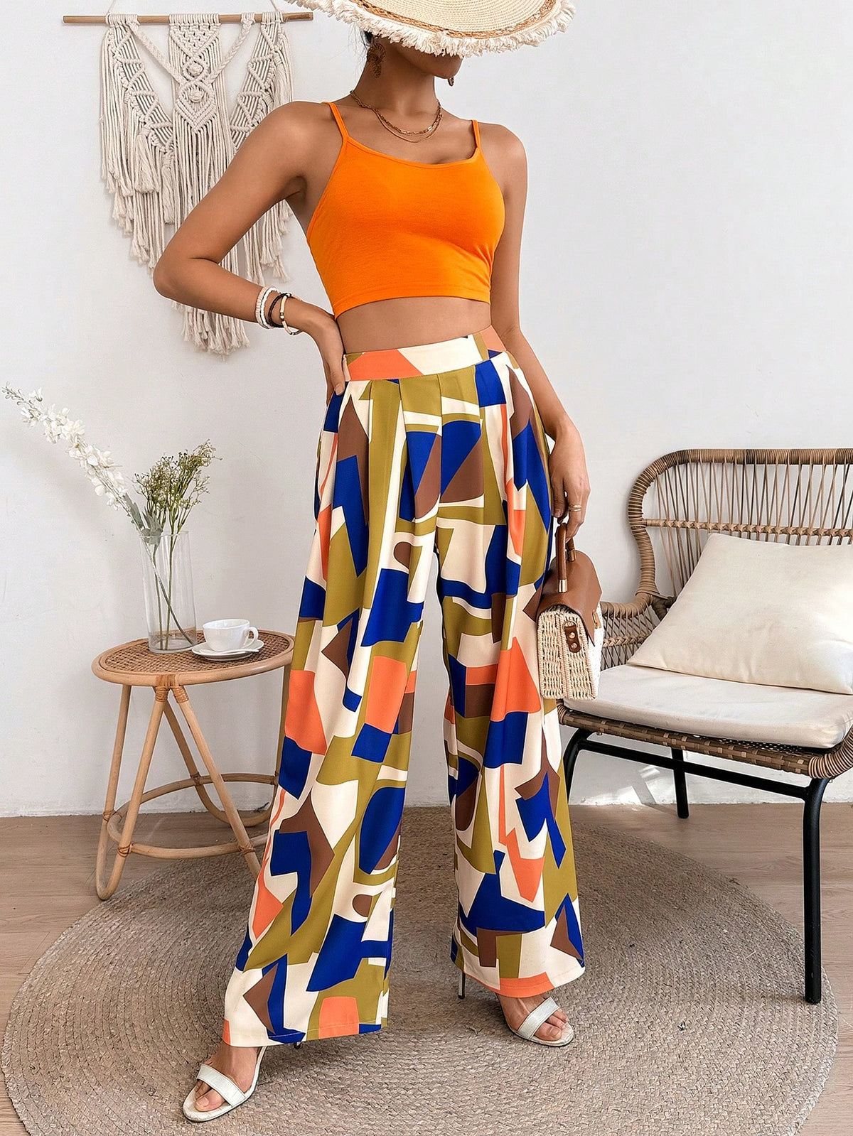 Women's Solid Color Cropped Strappy Camisole Top And Geometric Pattern Long Pants Two Piece Set