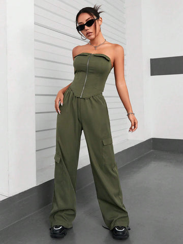Women's Solid Color Zipper Front Bustier Top And Cargo Pants Set