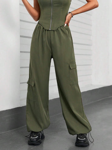 Women's Solid Color Zipper Front Bustier Top And Cargo Pants Set