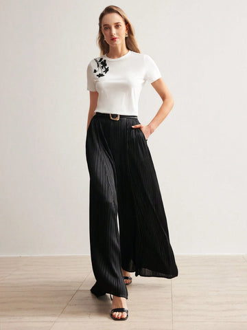 Women's Solid Colored Wide Leg Pants With Waist Belt