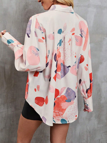 Women's Spring Summer Loose Fit Casual Shirt With Geometric Print, Long Sleeve