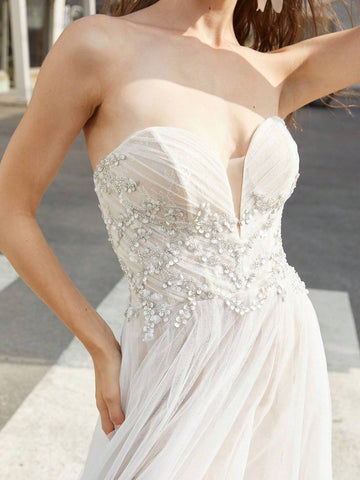 Women's Strapless Wedding Dress With Embroidered Mesh And Beaded Detail