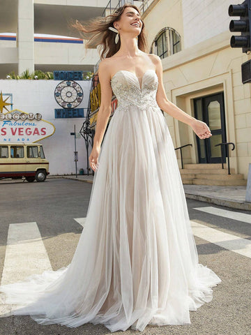 Women's Strapless Wedding Dress With Embroidered Mesh And Beaded Detail