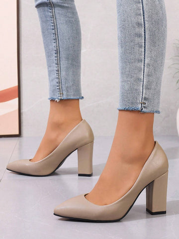 Women's Versatile Apricot Pointed Toe Chunky High Heels Suitable For Business Attire