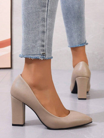 Women's Versatile Apricot Pointed Toe Chunky High Heels Suitable For Business Attire