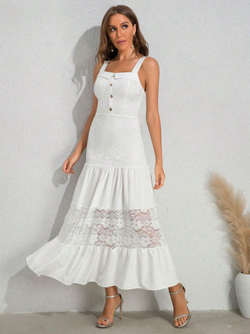 Women's White Lace Applique Spaghetti Strap Bodycon Wedding Dress With Button Detailing