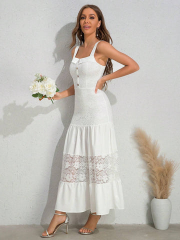 Women's White Lace Applique Spaghetti Strap Bodycon Wedding Dress With Button Detailing