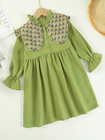 Young Girl 1Pc Long Sleeve Fall Style Children'S Princess Dress With Avocado Green Floral Collar And Lapel