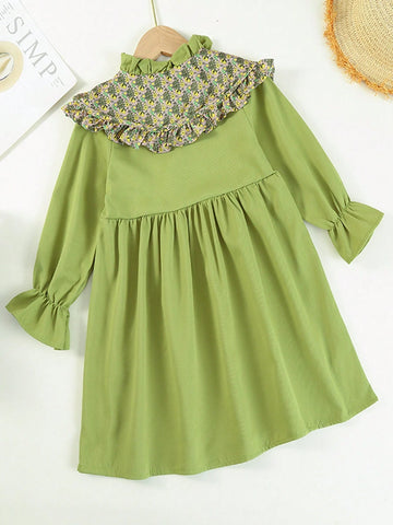 Young Girl 1Pc Long Sleeve Fall Style Children'S Princess Dress With Avocado Green Floral Collar And Lapel