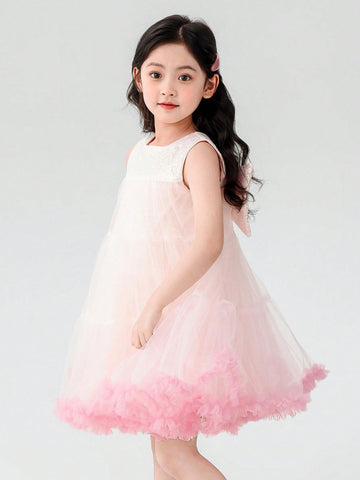 Young Girl 2024 New Arrival Bow Decoration Mesh Princess Dress Summer Style Trendy