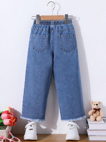 Young Girl All-Match Casual Light Blue Washed Fully Elastic Waist Raw Hem Wide Leg Jeans With Button Front Detail