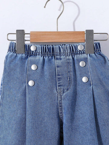 Young Girl All-Match Casual Light Blue Washed Fully Elastic Waist Raw Hem Wide Leg Jeans With Button Front Detail