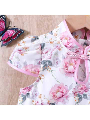 Young Girl Allover Floral Print Mandarin Collar Puff Sleeve Dress