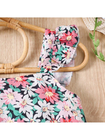 Young Girl Allover Floral Print Ruffle Trim Dress For Summer