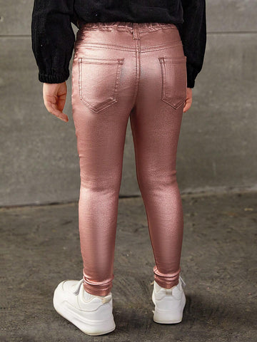 Young Girl Basic Casual Dopamine Pink Highly Stretch Skinny Jeans With Fully Elastic Waist