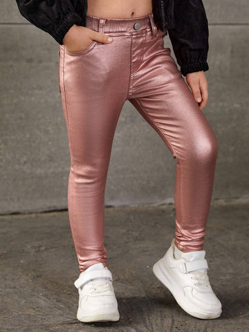 Young Girl Basic Casual Dopamine Pink Highly Stretch Skinny Jeans With Fully Elastic Waist
