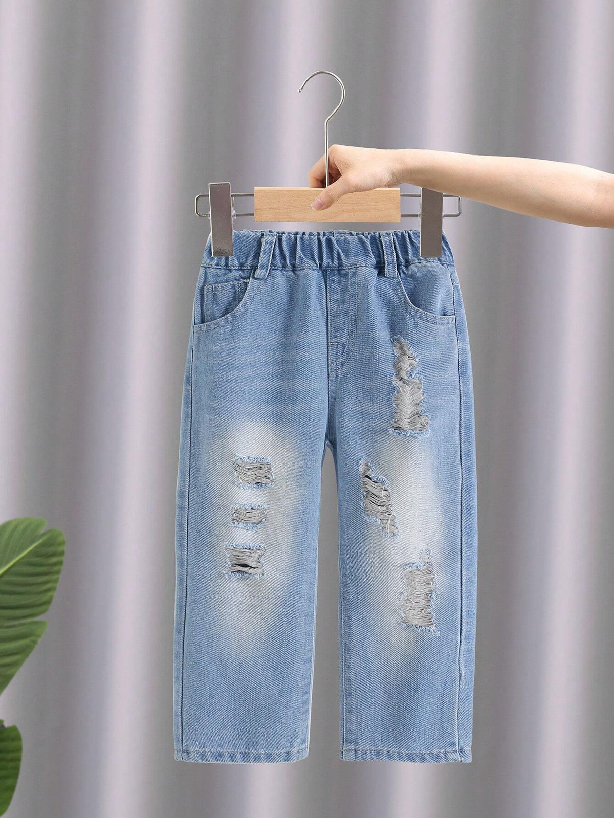 Young Girl Basic Casual Street Style Mid-Blue Washed Ripped Elastic High Waist Tapered Jeans