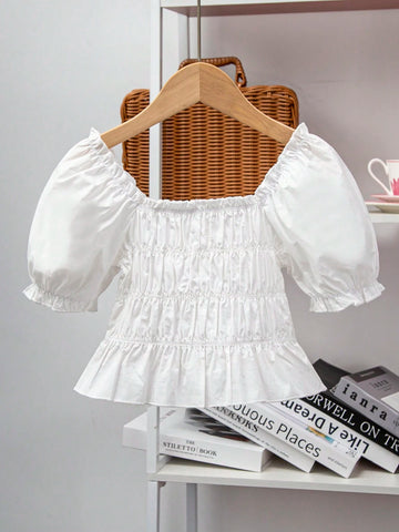 Young Girl Beach Play Square Neck 3D Butterfly Cute Puff Sleeve Blouse Suitable For Vacation, Summer