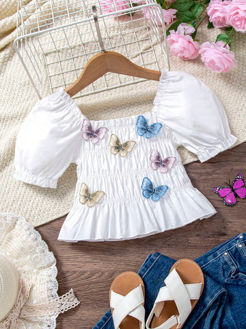 Young Girl Beach Play Square Neck 3D Butterfly Cute Puff Sleeve Blouse Suitable For Vacation, Summer