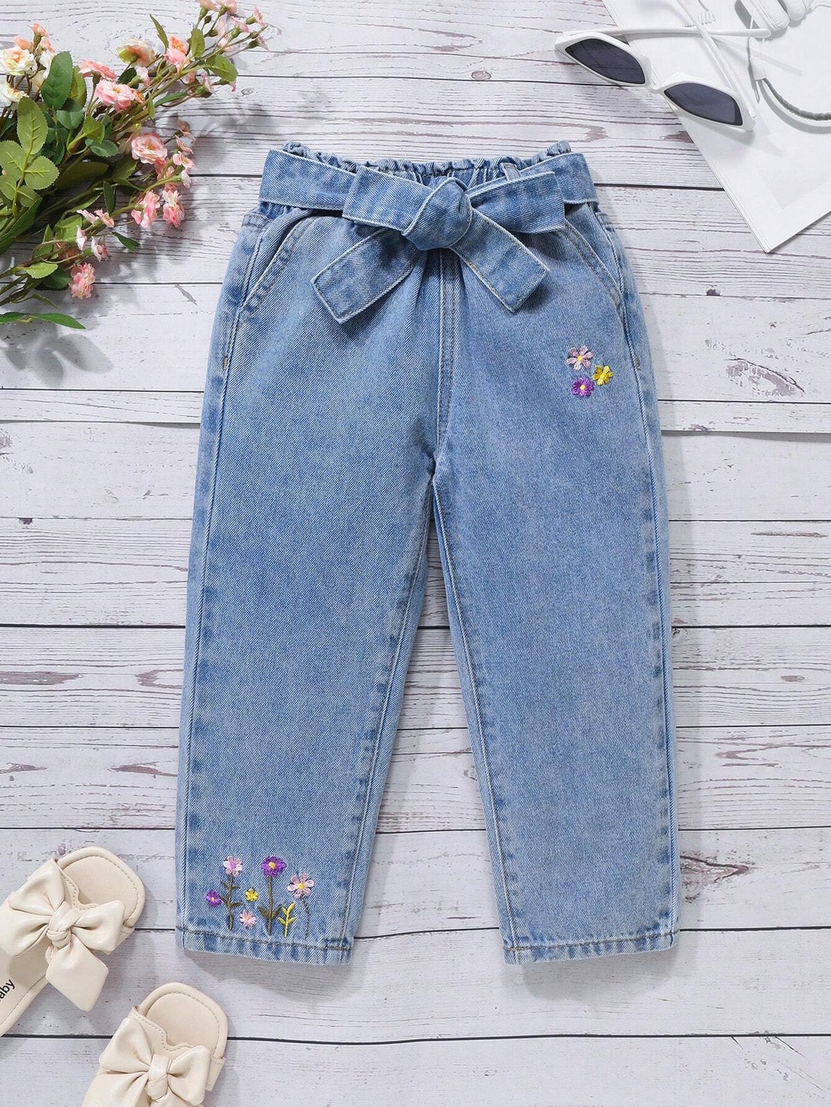 Young Girl Casual Light Blue Acid-Washed Embroidered Tapered Jeans