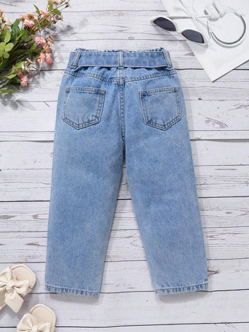 Young Girl Casual Light Blue Acid-Washed Embroidered Tapered Jeans