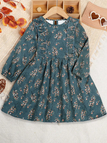 Young Girl Casual Ruffle Trim Round Neck Long Sleeve Floral Dress For Autumn And Winter