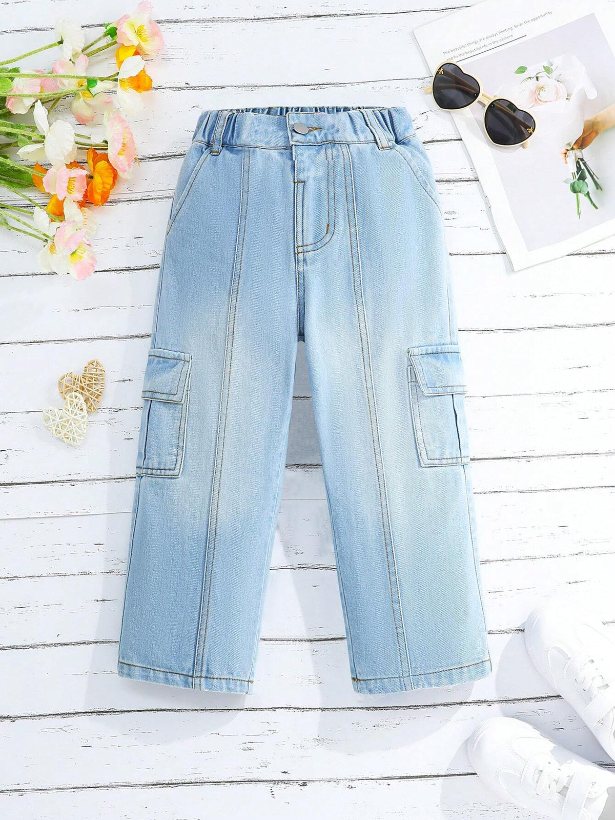 Young Girl Casual Straight Leg Washed Workwear Denim Pants