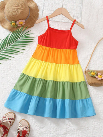 Young Girl Colorblock Ruffle Hem Cami Dress For Summer