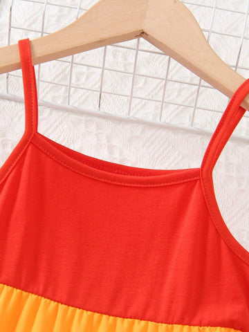 Young Girl Colorblock Ruffle Hem Cami Dress For Summer