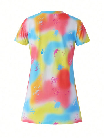 Young Girl Cool Street Style Tie-Dye Loose T-Shirt Dress