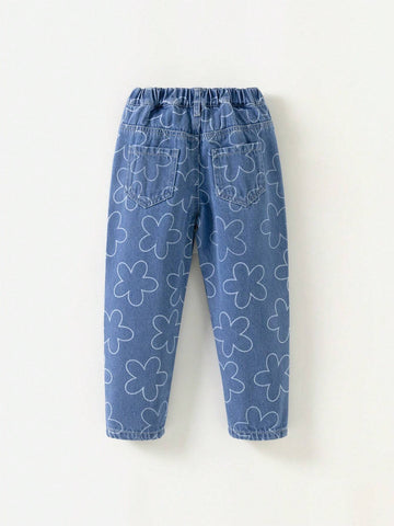 Young Girl Daily Casual Cute Small Flower Printed Denim Pants, Versatile