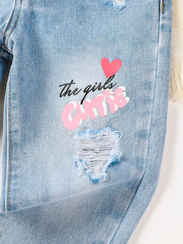 Young Girl Enzyme Washing+Light Blue Color Wash+Cut-Out Detail+Heart Print Jeans
