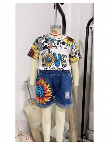Young Girl Fashionable Printed Short Sleeve T-Shirt And Denim Shorts Set
