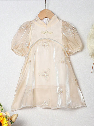Young Girl Floral Embroidery Puff Sleeve Mandarin Collar Dress