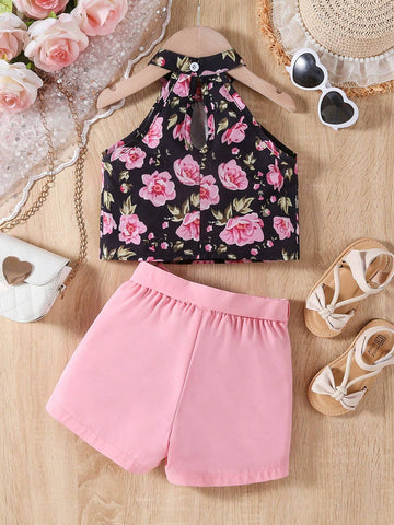 Young Girl Floral Print Halter Neck Vest With Belted Shorts Set, A Romantic And Fashionable Summer Outfit