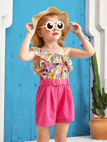 Young Girl Floral Printed Splicing Holiday And Casual Sleeveless Jumpsuit With Ruffled Trim