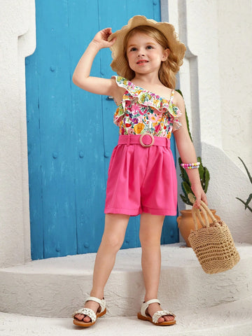 Young Girl Floral Printed Splicing Holiday And Casual Sleeveless Jumpsuit With Ruffled Trim