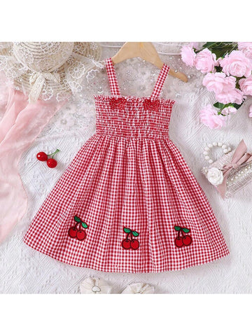 Young Girl Gingham Print Cherry Patched Shirred Bodice Cami Dress