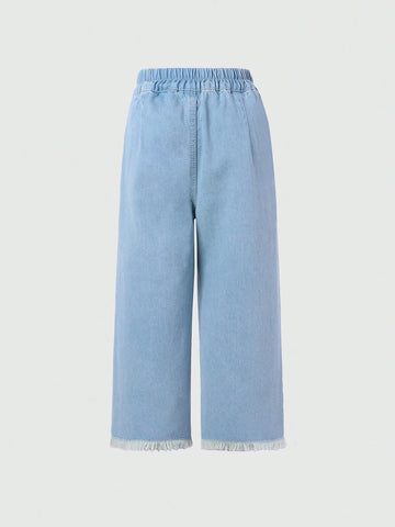 Young Girl Holiday Casual Light Blue Wash Button Front Elastic Waist Raw Hem Wide Leg Jeans