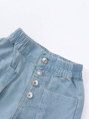 Young Girl Holiday Casual Light Blue Wash Button Front Elastic Waist Raw Hem Wide Leg Jeans